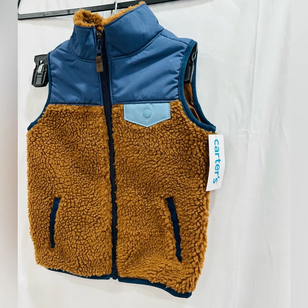 CARTER’S Sherpa Vest Zip Up Boys 5 Youth Brown Blue Colorblock‎ Lined Layering